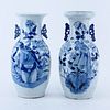 Two (2) Chinese Porcelain Tall Blue & White Vases. Each with bird and flower motif. Handles. Unsigned.