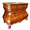 Modern Dutch Style Marquetry Inlaid Chest of Drawers. Total of 3 drawers, brass hardware, fitted glass top, and stands on ball/claw feet.