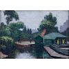 20th Century American School Oil On Board "The Boat House". Unsigned.