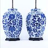 Pair of Chinese Blue and White Porcelain Covered Jars as Lamps. Crackle to glaze, light discoloration or else good condition.