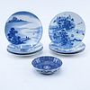 Collection of Seven (7) Pieces Vintage Japanese Blue and White Porcelain Plates and Bowl. 