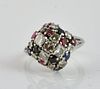 Diamond, Ruby & Sapphire Cluster Ring in 18Kt. WG
