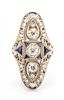 An Art Deco Platinum, Diamond and Synthetic Sapphire Ring, 3.90 dwts.