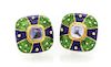 A Pair of 18 Karat Yellow Gold, Polychrome Enamel and Iolite Earclips, Mavito, 24.80 dwts.