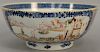 Chinese export porcelain bowl having painted panel on each side, one side with Chinese landscape on river's edge and the other paint...