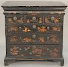 George II oak chest on chest top with original Chinoiserie paint decoration having cornice drawer over three short drawers over thre...