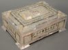 Large mother of pearl and abalone inlaid box having crown on top.  height 3 1/2 inches, length 10 1/2 inches.   Provenance: Es...