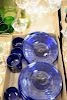 Two tray lots to include set of fourteen hand blown blue plates with folded edge (like Biot), five hand blown blue glasses with grou...