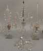 Three English candelabra lead glass to include a pair with cut crystal center spire, s shaped arm, and prisms along with similar can...
