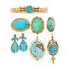 COLLECTION OF MOSTLY ANTIQUE TURQUOISE YELLOW GOLD OR SILVER JEWELRY