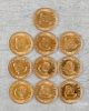 Ten South African 2 Rand gold coins.
