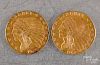 Two Indian head two and a half dollar gold coins,