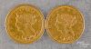 Two Liberty head two and a half dollar gold coins