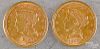 Two Liberty head two and a half dollar gold coins,