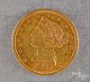 US 1897 Liberty head five dollar gold coin.