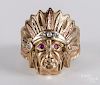 10K yellow gold Native American chief ring, 6.9 dwt.
