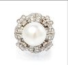 An 18 Karat White Gold, Cultured Pearl and Diamond Ring, 11.05 dwts.