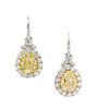 A Pair of Platinum, 18 Karat Yellow Gold, Fancy Color Diamond and Diamond Earrings, 4.10 dwts.