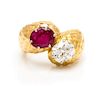 An 18 Karat Yellow Gold, Ruby and Diamond Toi et Moi Ring, Monture Boucheron, 7.25 dwts.