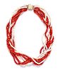 A 14 Karat Yellow Gold, Orange and White Coral Mutli Strand Necklace, 43.20 dwts.