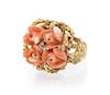 A 14 Karat Yellow Gold, Carved Coral and Diamond Ring, 10.00 dwts.