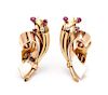 A Pair of Retro Rose and Yellow Gold, Ruby and Diamond Earclips, 10.85 dwts.