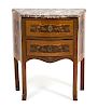 A Louis XV Style Marquetry Inlaid Marble Top Side Cabinet Height 28 1/2 x width 25 x depth 13 1/4 inches.
