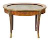 A Louis XV Style Marquetry Inlaid Marble Inset Top Side Table Height 19 3/4 x width 29 3/4 x diameter 21 inches.