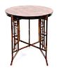A Victorian Bamboo X-form Base Circular Table with Inlaid Top Height 24 1/2 x diameter 25 inches.