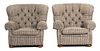 A Pair of Upholstered Button-Tufted Armchairs with a Matching Ottoman Height 37 inches.