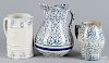 Three blue and white spongeware pitchers