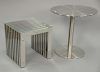 Two contemporary stainless steel side tables. table one:  ht. 22in., dia. 21in., table two: ht. 16in., top: 16" x 16"