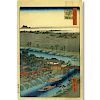 After: Utagawa Hiroshige, Japanese Color Woodblock Print, Landscape Scene with Bridge and Blue Rive