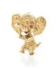 * A Retro 14 Karat Yellow Gold and Ruby Elephant Pin, Ruser, 2.44 dwts.