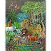 Fritz Saint-Jean, Haitian  (20th C) Oil on Canvas, Jungle Scene with Animals, Signed and Dated 1990
