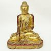 Large Burmese Gilt Painted and Glass Beaded Seated Buddha Sculpture. Typical age splits to wood, ru