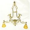 Large Gothic Style Gilt Bronze Two Arm Billiard Light Fixture with Amber Color Glass Shades. Good c