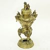 Antique Japanese Gilt Bronze High Standing Incense Burner with Foo Dog Finial. Raised birds and flo