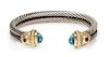 A Sterling Silver, 18 Karat Yellow Gold, Blue Topaz and Pink Tourmaline 'Double Cable' Bracelet, David Yurman, 34.50 dwts.