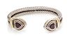 A Sterling Silver, 14 Karat Yellow Gold and Garnet 'Double Cable Heart' Cuff Bracelet, David Yurman, 30.40 dwts.