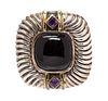 A Sterling Silver, Yellow Gold, Onyx and Amethyst 'Cable' Belt Buckle, David Yurman, 27.50 dwts.