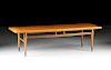 A LANE "ACCLAIM" SERIES WALNUT AND OAK COFFEE TABLE, MODEL 900-01, DESIGNED BY ANDRE BUS UNDER THE SUPERVISION OF WARREN C. CHURCH,  ALTA VISTA, VIRGI