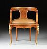 A LOUIS REVIVAL GILT BRONZE MOUNTED MAHOGANY AND TULIPWOOD PARQUETRY DESK CHAIR, LATE 19TH/EARLY 20TH CENTURY,