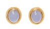A Pair of 14 Karat Yellow Gold and Blue Chalcedony Earclips, 7.35 dwts.