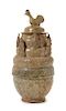 * A Chinese Yueyao Green Glazed Pottery Funerary Jar and Cover, Hunping Height 13 inches.