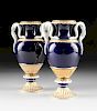 A PAIR OF MEISSEN PORCELAIN COBALT BLUE GROUND SNAKE-HANDLED VASES, GERMANY, LATE 19TH CENTURY,