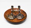 3 items, candlesticks, redware plate