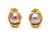 A Pair of 18 Karat Yellow Gold and Mabe Pearl Earclips, 13.10 dwts.