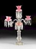 AN ANTIQUE BACCARAT CUT PINK AND CLEAR GLASS THREE LIGHT CANDELABRA, LATE 19TH CENTURY,