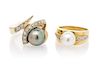 A Collection of Yellow Gold, Cultured Pearl and Diamond Rings, 16.50 dwts.